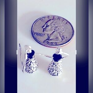 Earrings silver etched cones, tiny blue peacock color crystals pierced